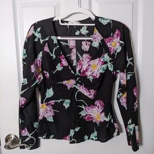 New A.L.C. Millie Silk Puffed Sleeve Black Floral Fitted Blouse Top Size‎ 0/XS